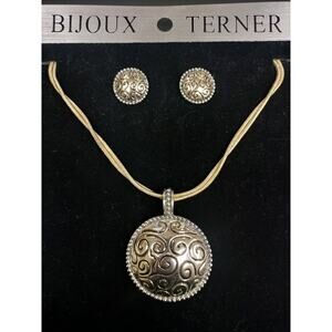 Bijoux Terner Jewelry Set Necklace Earrings Gold Tone Career Wear Medallion 3 Pc